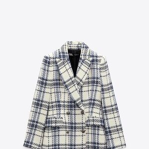 Zara White and Blue Plaid Blazer